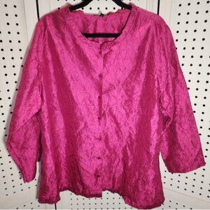 Eileen Fisher 100% Silk Crinkle Blouse/Jacket 3X Pink/Magenta Mandarin Collar